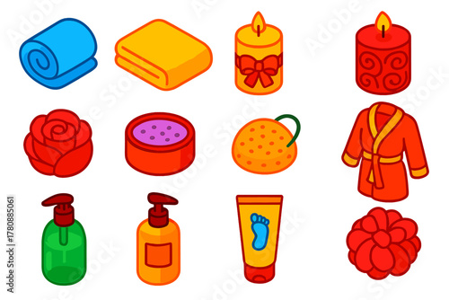 Colorful Bath Essentials. Isometric vector illustration set featuring towel, candle, and bath supplies: fluffy towel roll, terry