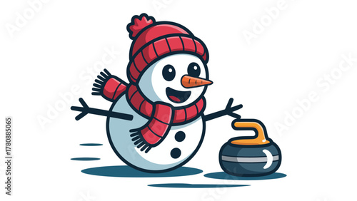 Snowman's Curling Capers: A cheerful snowman, adorned with a cozy hat and scarf, gleefully engages in the winter sport of curling, adding a touch of humor and whimsy to the frosty season.