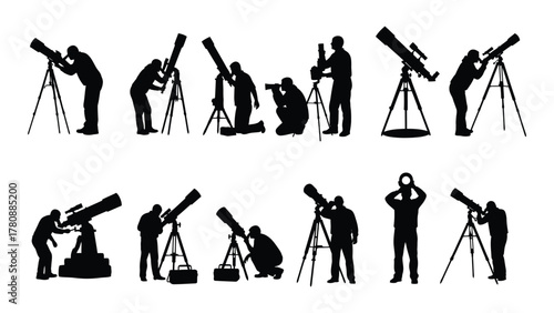 People using telescopes silhouettes isolated on transparent background, Vector