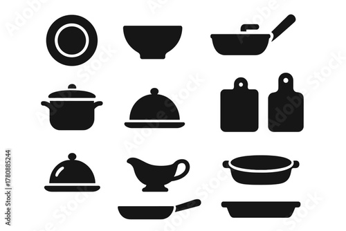 Kitchenware Silhouette Icons. Solid style icons of Kitchen and dishes: plate, bowl, pan, pot, serving platter, cutting board, dish