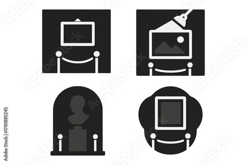 Dark Exhibition Icons. Solid style icons of dark-themed exhibition rooms: black wall display, spotlight on digital piece, deep hue