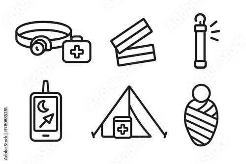 Night Medical Gear Icons. Line style icons of night-time medical readiness: headlamp with med bag, reflective tape icon, glow