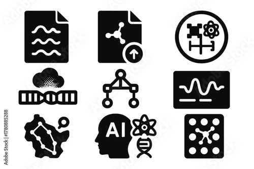 Quantum Bioinformatics Icons. Solid style icons of quantum bioinformatics: data sheet with wave symbols, molecular file with spin