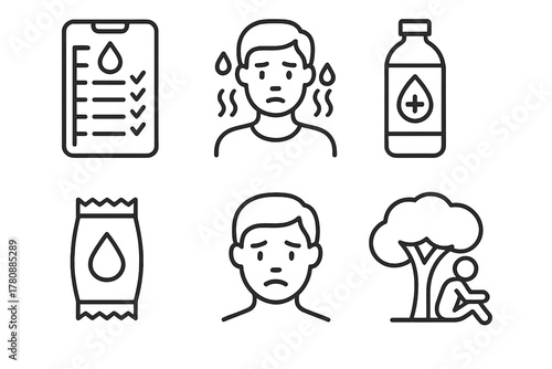 Dehydration Prevention Icons. Line style icons of dehydration prevention in wild: water intake tracker, sweat rate icon,
