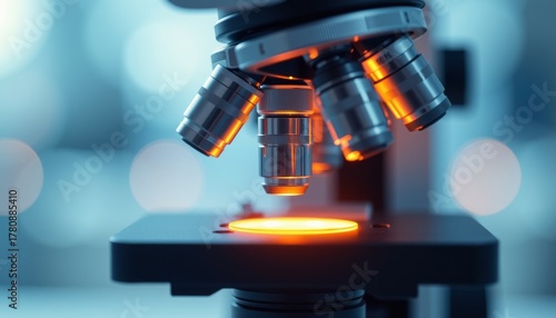 Close up view of a microscope lens laboratory scientific equipment research environment detailed perspective innovation