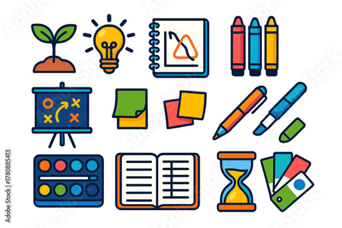 Creative Growth Icons. Isometric vector illustration set growth and creativity: sprout plant, creative idea bulb, drawing notebook