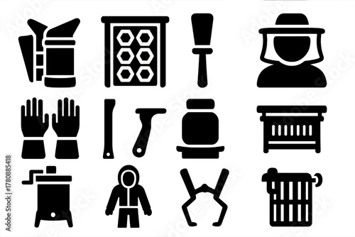 Bee Farming Essentials. Solid style icons of Bee farming tools: smoker, hive frame, bee brush, veil, gloves, hive tool, feeder,