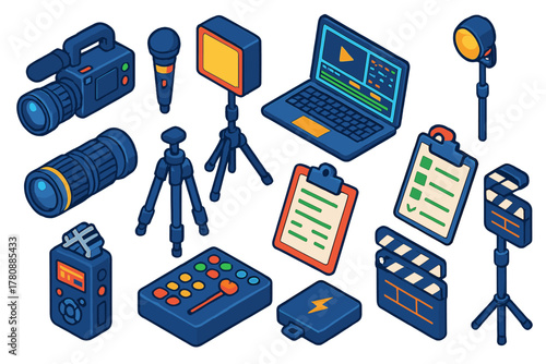 Media Creation Tools. Isometric vector illustration set Media Creation and Publishing: documentary camera, handheld mic, LED
