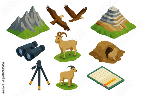 Mountain Wilderness Icons. Isometric vector illustration set Mountain landscapes – jagged ridge, scree slope, shale strata; eagles