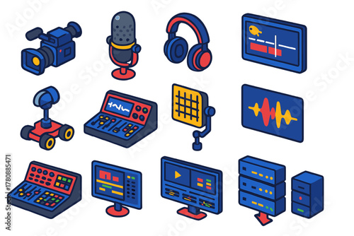Multimedia Editing Tools. Isometric vector illustration set Video and Audio Editing Tools: cinema production camera, large