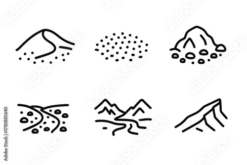 Desert Terrain Icons. Line style icons of desert terrain types: sand dune, gravel plain, rocky hill, dry riverbed, desert valley,