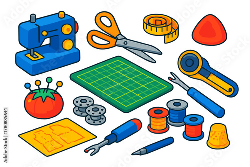 Sewing Tool Icons. Isometric vector illustration set design and editing tools: sewing machine, fabric scissors, measuring tape,