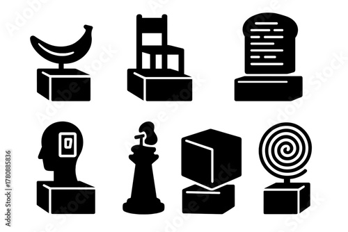 Absurdist Meme Icons. Solid style icons of absurdist meme installations: banana on pedestal, chair with no purpose, ultra-deep