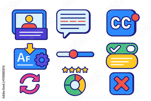 Virtual Meeting UI Icons. Isometric vector illustration set Virtual meetings – closed captions bar, live transcription panel, CC