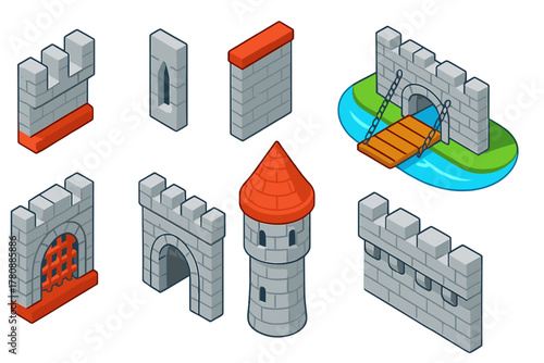 Medieval Fortification Icons. Isometric vector illustration set Fortification – battlement crenellation, arrow loop, parapet wall;