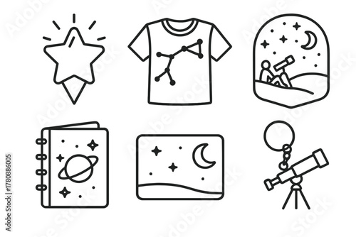 Dark Sky Souvenir Icons. Line style icons of dark sky tourism souvenirs: glow star pin, constellation shirt, stargazing patch,