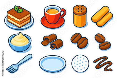 Sweet Treats Collection. Isometric vector illustration set sweet treats collection: tiramisu slice, espresso cup, cocoa powder