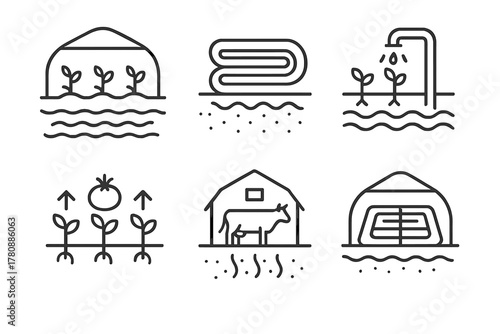 Geothermal Agriculture Icons. Line style icons of geothermal in agriculture: greenhouse with ground heat, soil warming coil,