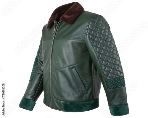 3D photorealistic render of forest-green leather jacket with velvet collar and geometric stitched elbow panels