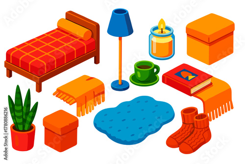 Cozy Comfort Icons. Isometric vector illustration set relaxation and comfort: daybed, soft quilt, bolster pillow, standing lamp,