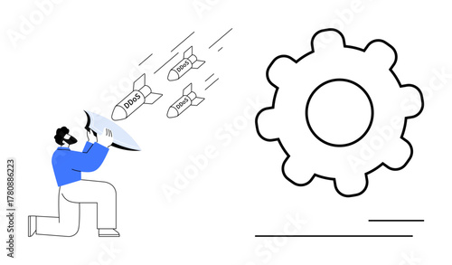 Person holding shield blocks incoming DDoS threats illustrated as missiles approaching a gear. Ideal for cybersecurity, protection, defense, technology, IT security, risk management, simple flat