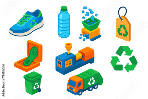 Sustainable Fashion Innovations. Isometric vector illustration set Sustainable fashion – recycled plastic sneaker, ocean plastic