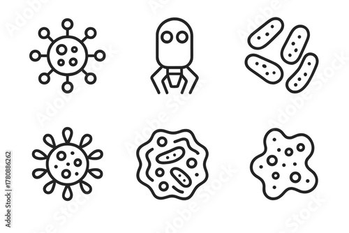 Invisible Life Icons. Line style icons of invisible life forms: virus shape art, nanobot bioform, microbiome cluster, invisible
