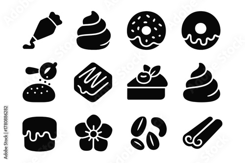 Bakery Decorations Icons. Solid style icons of Bakery decoration: icing, frosting, sprinkles, glaze, powdered sugar, chocolate