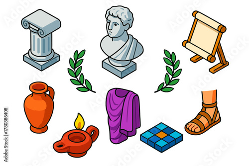 Classical Symbols Icons. Isometric vector illustration set Classic literature – Roman column, marble bust, scroll lectern; laurel