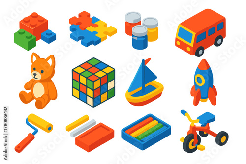 Creative Kids Playtime. Isometric vector illustration set Creative Kids and Play: building blocks, puzzle pieces, paint jars, toy
