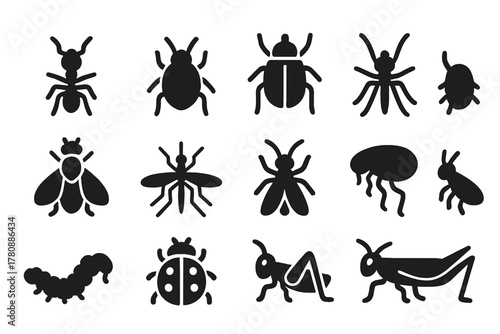 Tiny Insect Icons. Solid style icons of Tiny insects: ant, aphid, beetle, mite, fly, mosquito, gnat, flea, caterpillar, ladybug,