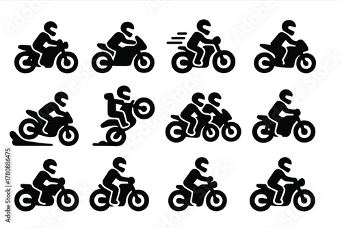 Motorcycle Action Icons. Solid style icons of Motorcycle actions: riding, leaning, accelerating, braking, drifting, wheelie,
