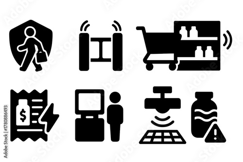Checkout-Free Store Icons. Solid style icons of checkout-free stores: walkout payment badge, auto-sensor gate, grab-and-go cart