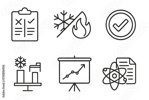 Cryotherapy Myths Icons. Line style icons of cryotherapy myths and facts: myth-busting chart, cold vs burn icon, fact-check stamp,