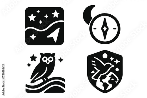 Nighttime Navigation Icons. Solid style icons of nighttime navigation cues: star map with magnetic line, moonlight overlay with