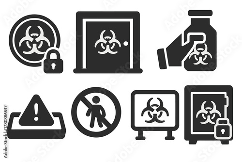 Zombie Cell Containment Icons. Solid style icons of zombie cell containment: locked petri dish icon, quarantine lab room,