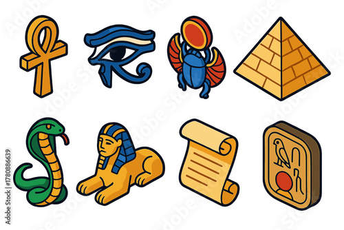 Mythology Icons Collection. Isometric vector illustration set Mythology and folklore – ankh cross, Eye of Horus, scarab beetle;