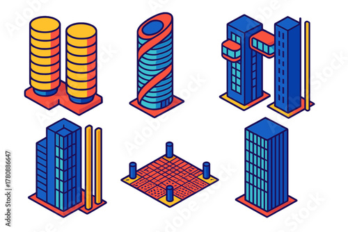 Futuristic Skyscraper Silhouettes. Isometric vector illustration set Skyscraper silhouettes – cylindrical drum towers, glass fins,