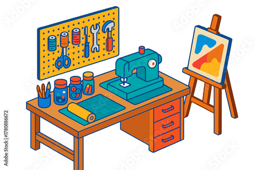 Craft Studio Layout. Isometric vector illustration set Interior layout – craft studio workbench, pegboard wall, tool rack; sewing