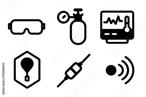 High-Altitude Balloon Icons. Line style icons of High-Altitude Ballooning: protective goggles, helium regulator, scientific