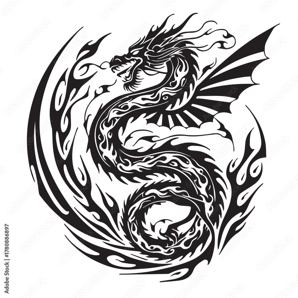 Obraz premium Intricate black and white tribal dragon illustration with fiery swirls in a circular design