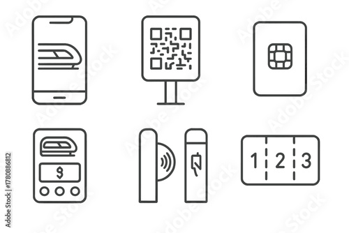 Maglev Ticket Icons. Line style icons of maglev ticketing and access: digital ticket app, QR code entry screen, smart pass chip,
