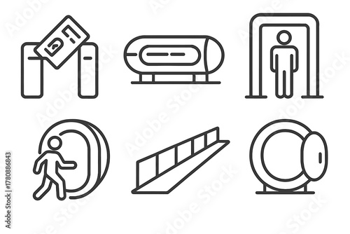 Hyperloop Boarding Icons. Line style icons of hyperloop boarding process: ticket scanning gate, boarding capsule area, security