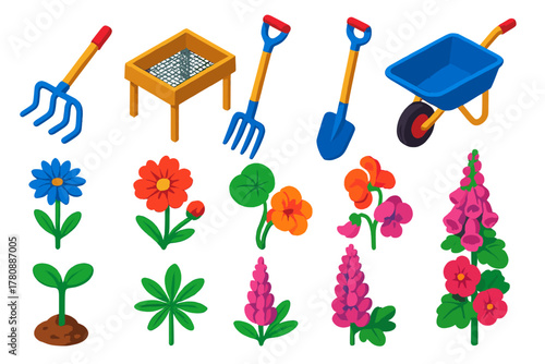 Vibrant Garden Icons. Isometric vector illustration set featuring tools and plants: compost turner, soil sifter, mulch fork,