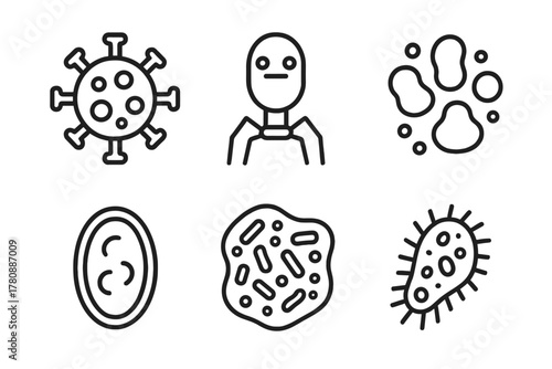 Invisible Life Icons. Line style icons of invisible life forms: virus shape art, nanobot bioform, microbiome cluster, invisible