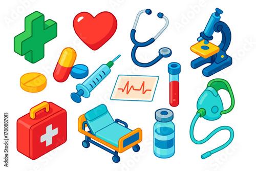 Healthcare Essentials Icons. Isometric vector illustration set Medical and Healthcare Essentials: health cross, heart, stethoscope