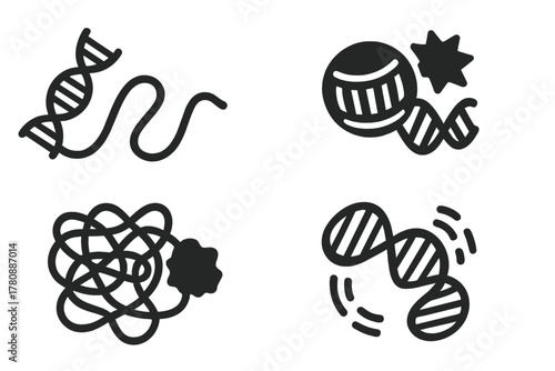 Chromatin Decay Icons. Solid style icons of chromatin decay and distortion: unraveling DNA icon, histone disruption symbol,