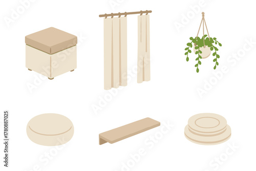 Minimalist Living Elements. Isometric vector illustration set Minimalist living: closed storage ottoman, plain cotton curtains,