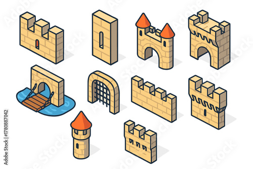Medieval Fortification Icons. Isometric vector illustration set Fortification – battlement crenellation, arrow loop, parapet wall;