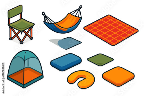 Camping Essentials Icons. Isometric vector illustration set Camping essentials – foldable chair, camping hammock, picnic blanket;